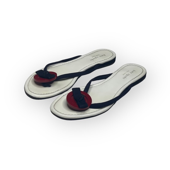 Kate Spade KSNY Thong Button + Bow Flat Leather Sandals Red White Blue 8M - Picture 7 of 16
